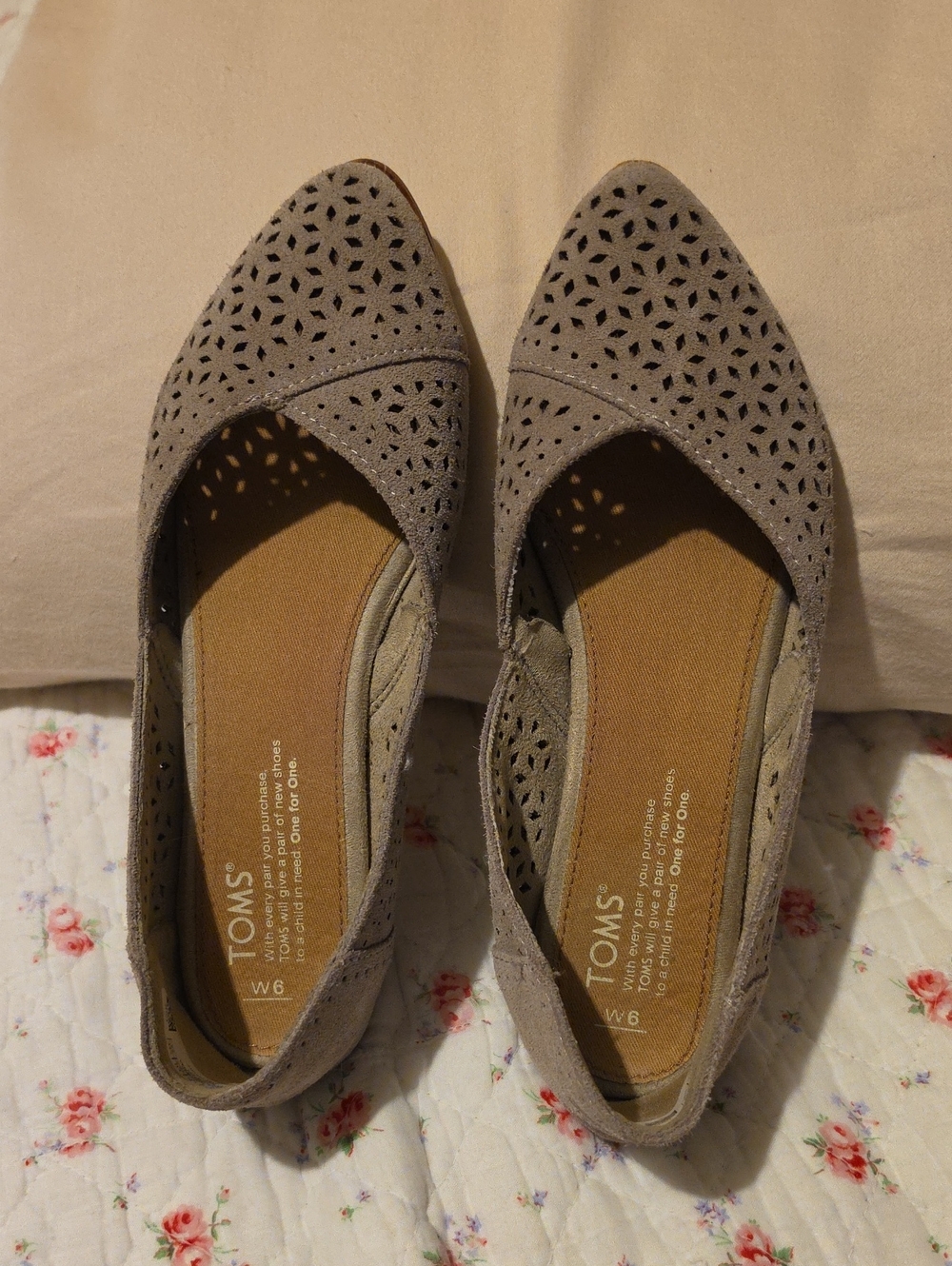 TOMS Taupe Laser-Cut Pointed-Toe Flats
